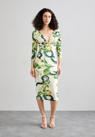 Ziedu raksta kleita ar dziļu V veida dekoltē, trīs ceturtdaļu piedurknēm un pieguļošu piegriezumu. Iezīmēta ar zaļām lapām, dzelteniem augļiem un jūras spēka akcentiem.