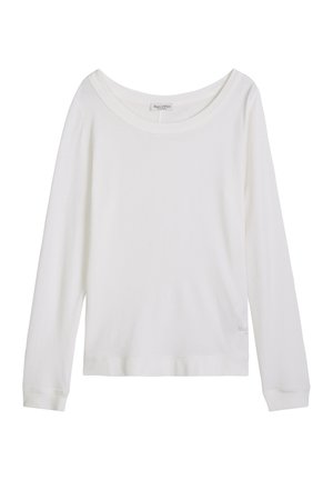White long-sleeve shirt with wide rounded neckline, lightweight fabric, and subtle brand logo near the hem.