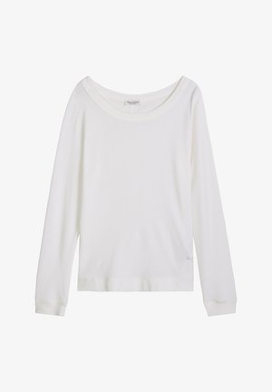 Wit shirt met lange mouwen en een brede, ronde halslijn, lichtgewicht stof en een subtiel merklogo nabij de zoom.