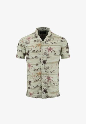 Koszula z krótkim rękawem, zapinana na guziki, o beżowym tle, z tropikalnym wzorem palm i żaglówki w odcieniach różu, brązu i pomarańczy.