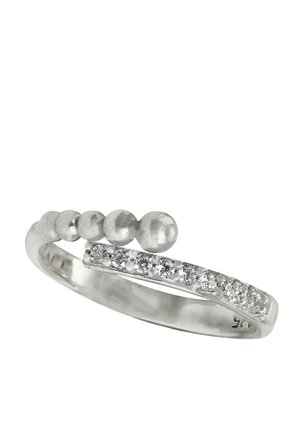 Silver ring featuring a smooth band with a row of small clear stones and three spherical accents on one side.