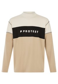 Dugulja s dugim rukavima u bež, krem i crnoj boji. Ima visoki ovratnik i hrabar 'PROTEST' logo na prsima s kontrastnim blokovima boja.