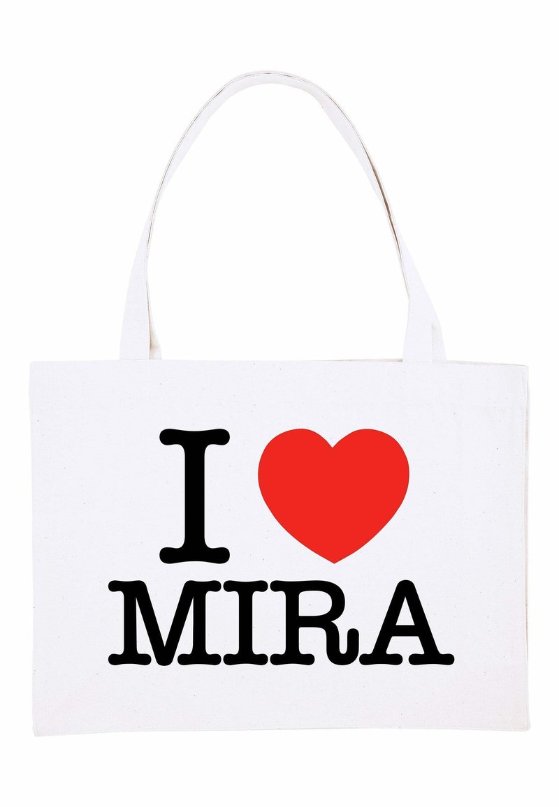 Borsa di cotone bianca con un cuore rosso e testo nero che recita "I LOVE MIRA." Forma rettangolare con due manici.