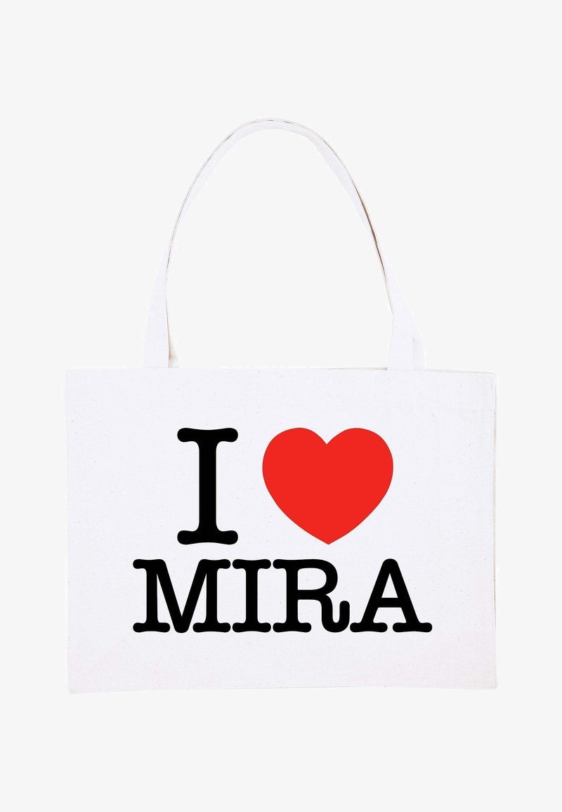 Borsa di cotone bianca con un cuore rosso e testo nero che recita "I LOVE MIRA." Forma rettangolare con due manici.