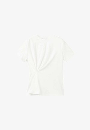 T-shirt blanc à manches courtes avec col rond et détail froncé torsadé sur le côté avant gauche.