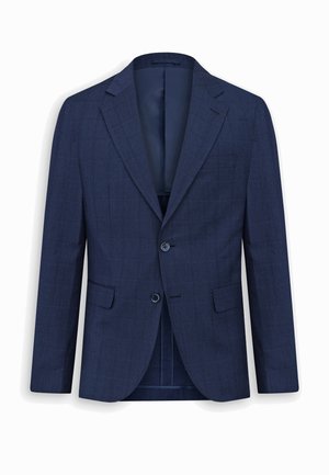 Blazer da uomo blu navy con delicato motivo a quadri, fronte con due bottoni, revers a incavo, tasche con patta e taschino sul petto, completamente foderato all'interno.