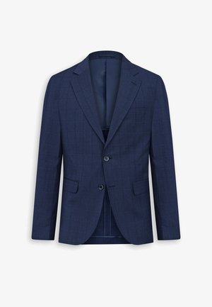 Marineblaues Herren-Sakko mit dezentem Karomuster, Zweiknopfleiste, Revers mit Kerbkragen, Pattentaschen und einer Brusttasche, vollständig gefüttert.