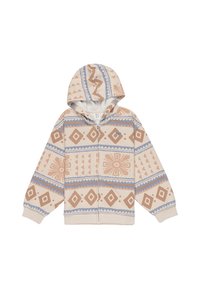 Felpa con zip in morbido tessuto crema, caratterizzata da motivi geometrici in marrone e blu. Include un cappuccio e polsini a costine per una vestibilità aderente.