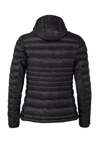 Schwarze Puffjacke mit Kapuze, mit gesteppten Abschnitten, glatter Textur und elastischen Bündchen. Entworfen für Isolierung und Wärme.
