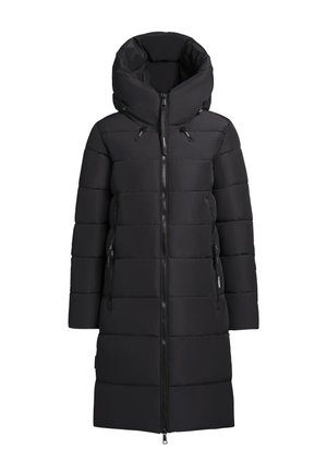 Melnā pūkainā jaka ar augstu apkakli, ar rāvējslēdzēju priekšā, horizontālas šuves un divām sānu kabatām; tai ir regulējami auklas uz kapuces.