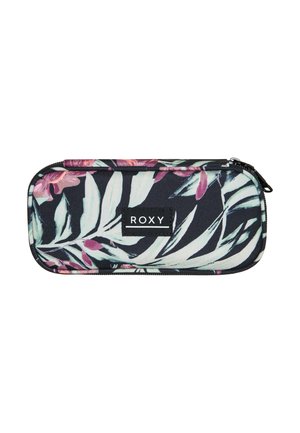 Roxy zippered pencil case in black with tropical leaf and flower patterns. Made from durable fabric with a rectangular shape and branded label.