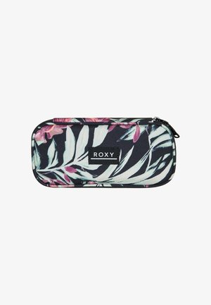 Trousse à crayons zippée Roxy en noir avec des motifs de feuilles tropicales et de fleurs. Fabriquée en tissu durable, de forme rectangulaire et avec une étiquette de marque.