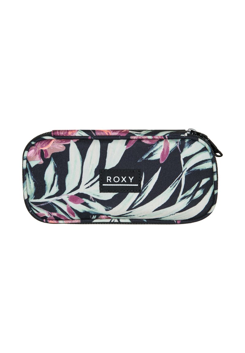 Astuccio con zip Roxy di colore nero con motivi di foglie e fiori tropicali. Realizzato in tessuto resistente, ha una forma rettangolare e un'etichetta con il marchio.