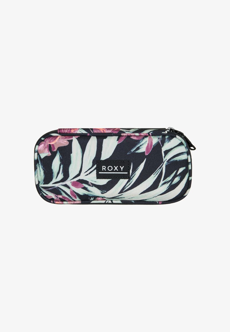 Astuccio con zip Roxy di colore nero con motivi di foglie e fiori tropicali. Realizzato in tessuto resistente, ha una forma rettangolare e un'etichetta con il marchio.