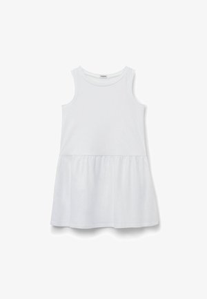 Robe blanche sans manches en coton doux, dotée d'un haut ajusté et d'une jupe évasée plissée. Texture lisse, design décontracté.