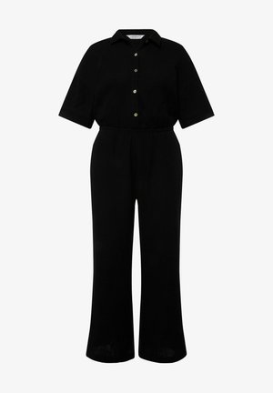 Sort jumpsuit lavet af tekstureret stof, med korte ærmer, knaplukning foran, elastisk talje og brede benbukser.