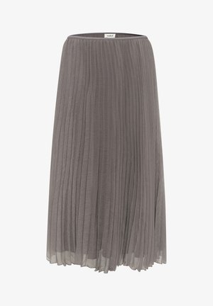 Falda midi plisada en suave tejido gris. Presenta una cinturilla elástica y una silueta fluida con un acabado texturizado.