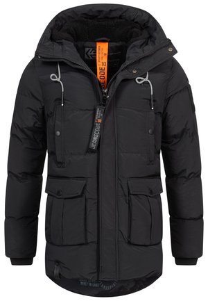 Black padded jacket featuring a detachable hood, zip closure, two front pockets, and a textured fabric with a matte finish.