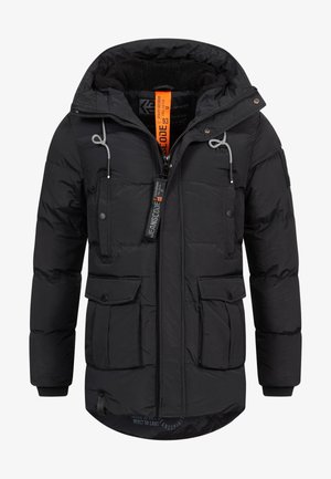 Black padded jacket featuring a detachable hood, zip closure, two front pockets, and a textured fabric with a matte finish.