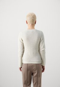 Gaiši pelēks adīts džemperis ar garām piedurknēm, apaļu kaklasi un ribotu apakšmalu. Saskaņots ar beigu taisnām biksēm. Mīksta tekstūra, šaurs piegriezums.