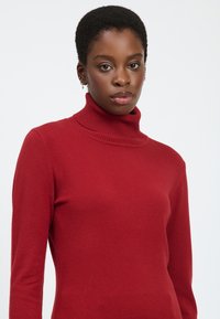 Maglione rosso a collo alto realizzato in tessuto morbido, con maniche lunghe e collo a costine. La texture appare liscia con minimi accenti.