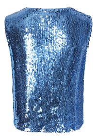 Top bleu pailleté à manches courtes, avec une surface texturée et brillante ainsi qu'un col arrondi, réfléchissant des variations de lumière.