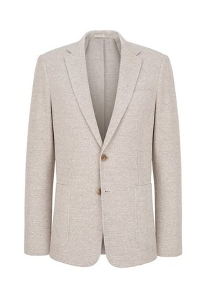 Beżowa teksturowana marynarka męska z klapami z wycięciami, dwoma guzikami, przednimi naszywanymi kieszeniami oraz jedną kieszenią na piersi, prezentowana na białym tle.