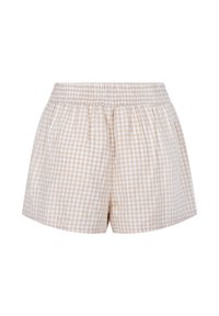 Geruite shorts in beige en wit, met een elastische tailleband, een losse pasvorm en lichtgewicht stof. Het ontwerp bevat een klein gingham ruitpatroon.
