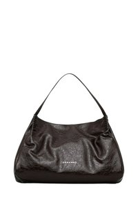 Borsa a tracolla in pelle nera con design morbido, dotata di una tracolla singola e sottili dettagli arricciati. Il logo del marchio è impresso sul davanti.