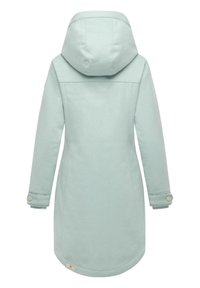 Lys grøn, knælang frakke med hætte. Har en glat tekstur, lange ærmer, knapdetaljer på manchetterne og et lige design.