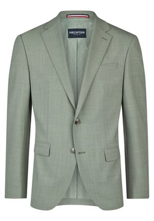 Blazer da uomo verde chiaro con rever a lancia, due bottoni, tasche con patta ed etichetta interna con marchio "Hechter Paris."