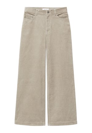 Beige corduroy wide-leg pants with a ribbed texture, featuring five pockets and a front button closure. The cuffs are neatly hemmed.