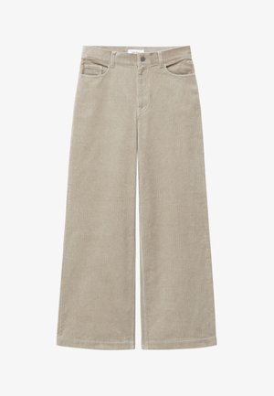 Beige cordhosen mit weitem Bein und gerippter Textur, ausgestattet mit fünf Taschen und einem Frontknopfverschluss. Die Hosenbeine sind ordentlich gesäumt.