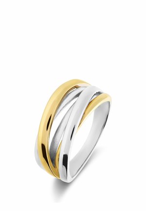 Ring with intertwined smooth bands in polished gold and silver finishes on a white background.