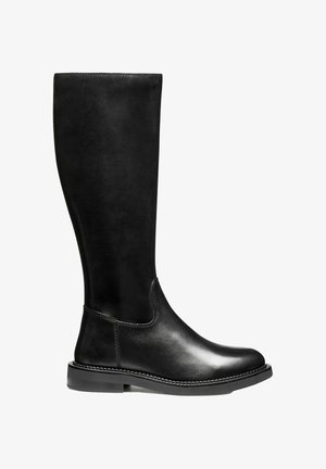 Schwarze Lederstiefel bis zum Knie mit glatter Oberfläche, elastischer Seitenpartie und flacher Sohle. Verfügt über subtile Nähte entlang der Sohle.
