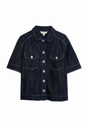 Donkerblauwe spijkerjacket met korte mouwen, puntige kraag, knoopsluiting aan de voorkant, twee borstzakken met knoopflappen en contrasterende stiksels.