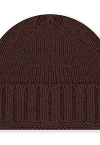 Brązowa dziana czapka beanie z prążkowanym mankietem i teksturowanym wzorem na głównym korpusie, o gładkim wykończeniu i zaokrąglonym szczycie.