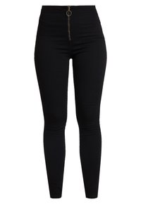 Mustat vyötärön korkeudet leggingsit etuvetoketjukiinnityksellä, joissa on sileä ja joustava tekstuuri sekä slim fit -muotoilu.