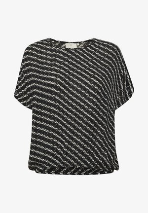 Sort bluse med korte ærmer, der har et hvidt mønster af stiliserede fugle, rund halsudskæring og en afslappet pasform med detaljer i en gathered nederste kant.