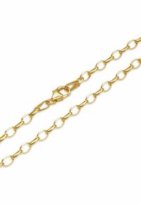 Collana in tonalità oro con anelli ovali intrecciati e chiusura a molla. Superficie liscia con finitura lucida, adatta per vari accessori.