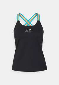 Czarna sportowa koszulka bez rękawów z pomarańczowymi i turkusowymi krzyżującymi się ramiączkami. Zawiera logo "ENDLESS" umieszczone na środku klatki piersiowej. Gładki materiał, dopasowany krój.