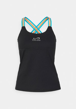Top atlético negro sin mangas con tirantes en color naranja y turquesa entrelazados. Presenta el logo "ENDLESS" centrado en el pecho. Material suave, diseño ajustado.