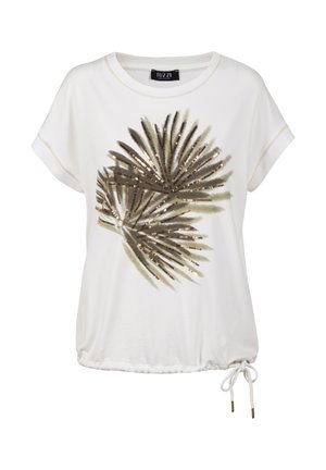 Witte blouse met korte mouwen en ronde hals, palmbladmotief in bruine en gouden pailletten, en verstelbare trekkoord zoom aan de rechterkant.