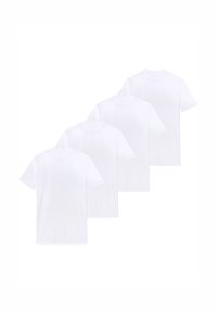 Zestaw czterech gładkich białych T-shirtów, wykonanych z bawełny, z krótkimi rękawami, okrągłym dekoltem i gładką, miękką fakturą.