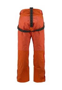 Pantaloni outdoor arancioni con una cintura regolabile nera, sezioni inferiori rinforzate e pannelli scuri a contrasto in vita e sui lati.