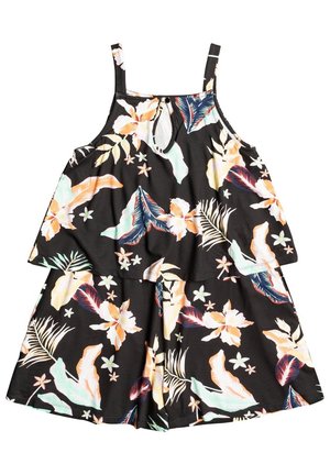 Czarna sukienka w kwiaty z kolorowymi wzorami hibiskusa i liści, z wycięciem w kształcie klucza przy dekolcie oraz cienkimi, regulowanymi ramiączkami.