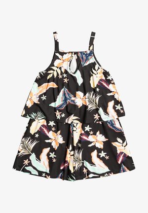 Vestido negro con estampado floral de hibiscos coloridos y hojas, detalle de abertura en la zona del escote y tirantes finos ajustables.