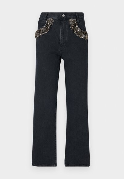 Dark blue denim jeans with a straight leg design, featuring embellished pockets with intricate bead and sequin detailing.