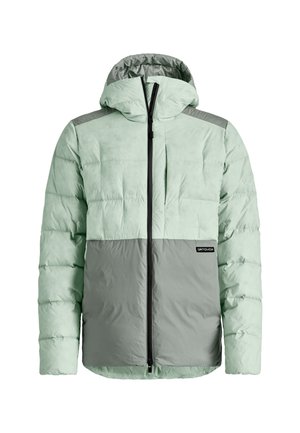 Light green puffer jacket with a gray lower section and accents. Features a hood, front zipper, and quilted texture. Brand logo displayed.