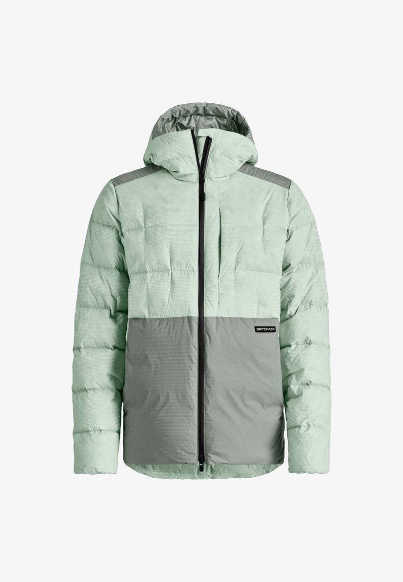Hellgrüne Pufferjacke mit grauem unteren Bereich und Akzenten. Verfügt über eine Kapuze, einen Front-Reißverschluss und gesteppten Stoff. Markenlogo angebracht.
